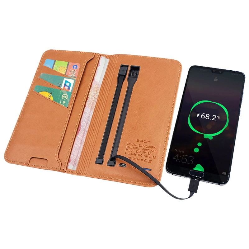 Wireless Charging PU Leather Wallet Card Phone Case with Power Bank