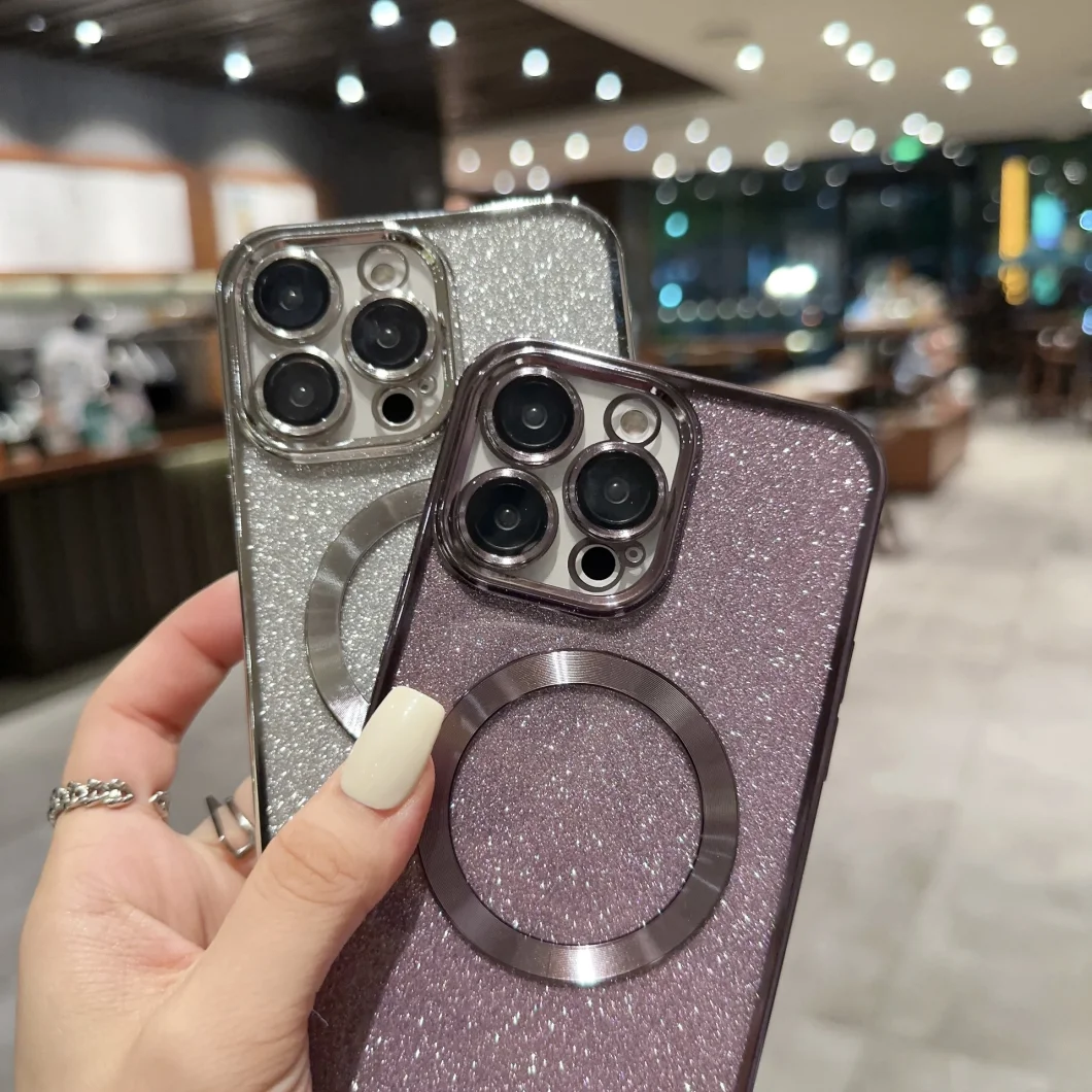 New Luxury Transparent Flash Powder Magnetic Mobile Phone Case Lens Protection for iPhone 11 12 13 14 PRO Max with Wireless Charging