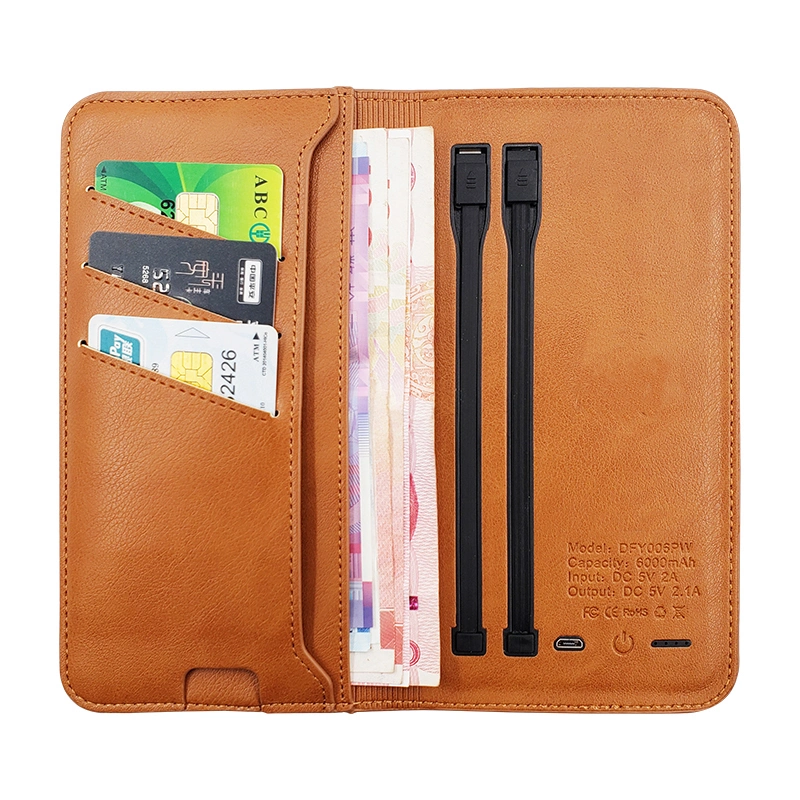 Wireless Charging PU Leather Wallet Card Phone Case with Power Bank