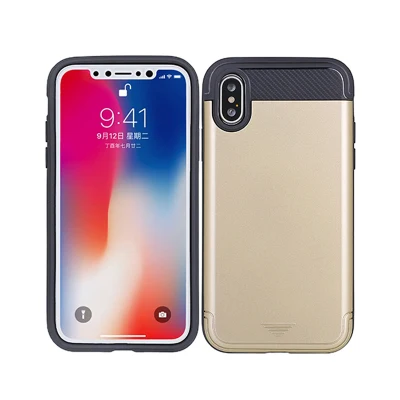 Credit Card Holder Wallet Phone Case TPU+PC Wire Drawing Hard Case for iPhone X